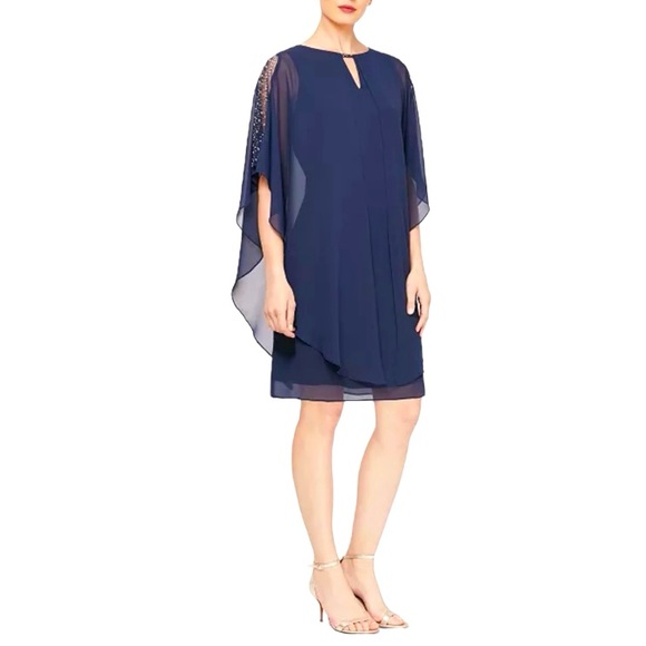 Badgley Mischka Dresses & Skirts - Bella BADGLEY MISCHKA Embellished Sheath Dress With Chiffon Overlay Navy SZ S